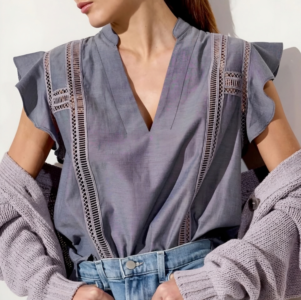 Brochu Walker Gray Blue Crochet Detail Havana Top, M